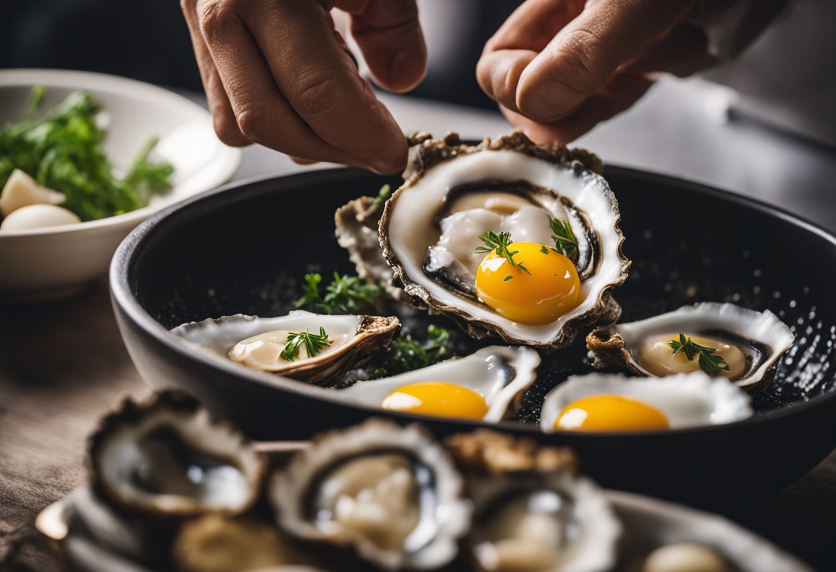 A chef delicately cracks a fresh oyster into a bowl of beaten eggs, preparing to create a culinary masterpiece