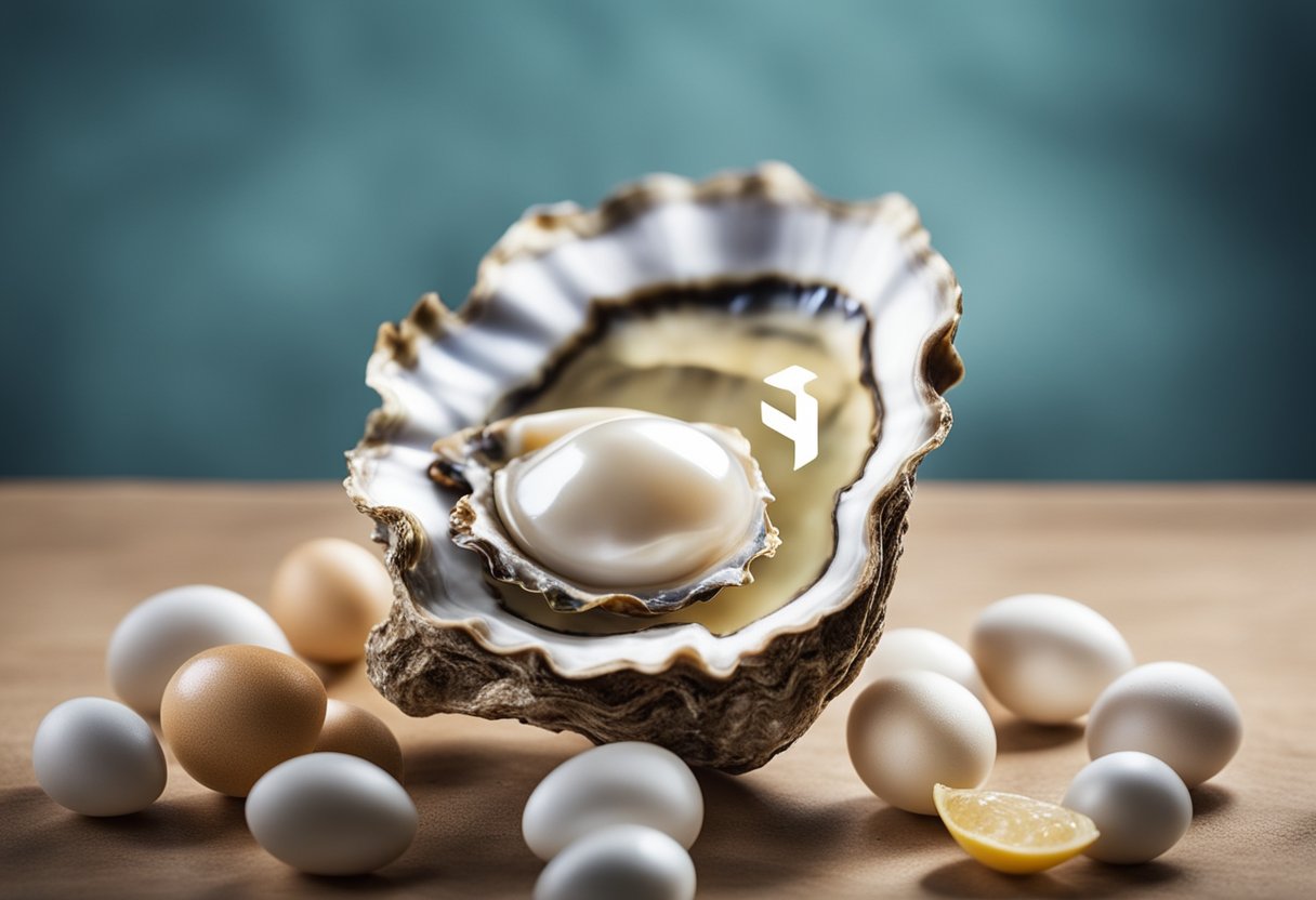 An open oyster with a pearl inside, surrounded by a collection of eggs and a sign reading "Frequently Asked Questions oyster egg"