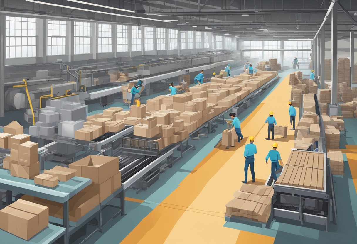 A bustling factory floor with conveyor belts, machinery, and workers packaging paper bags. Piles of raw materials and stacks of finished products fill the space