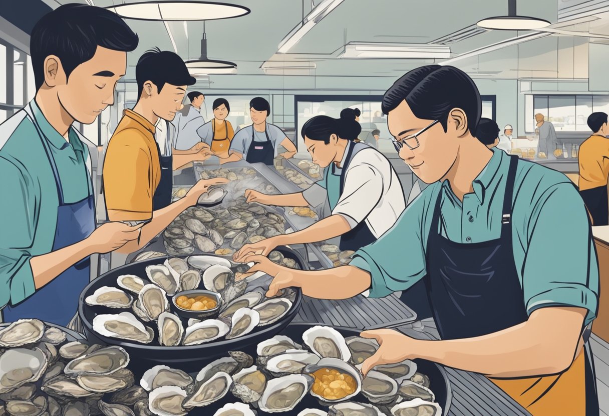 Customers savoring fresh oysters at a bustling restaurant in Singapore, with a variety of oysters displayed on ice and a chef shucking them behind the counter