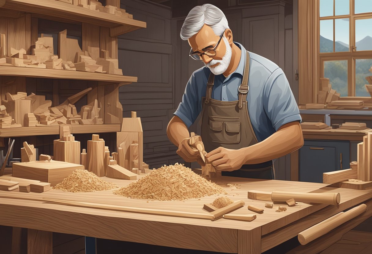 A craftsman carving a customisable wooden corporate gift with precision tools. Wood shavings litter the workbench, and the finished product showcases intricate detailing