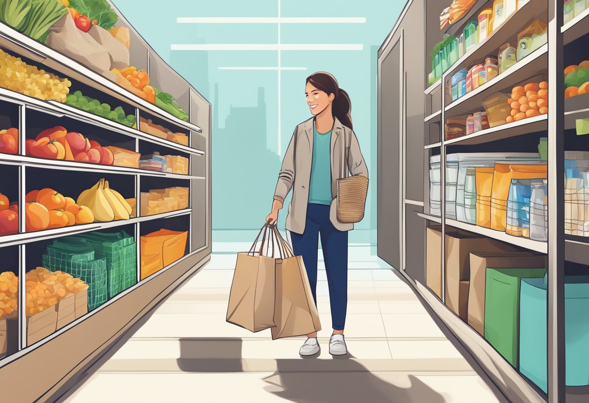 A person shopping with a canvas tote bag, filling it with groceries and using it to carry items