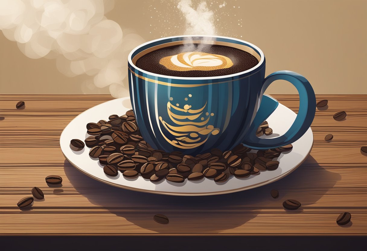 A customised coffee mug sits on a wooden table with steam rising from the dark, rich liquid inside. The mug is adorned with a unique design and is surrounded by scattered coffee beans