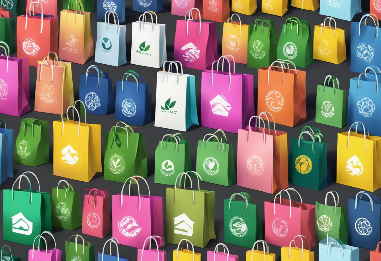 Colorful eco bags arranged with corporate logos as gifts