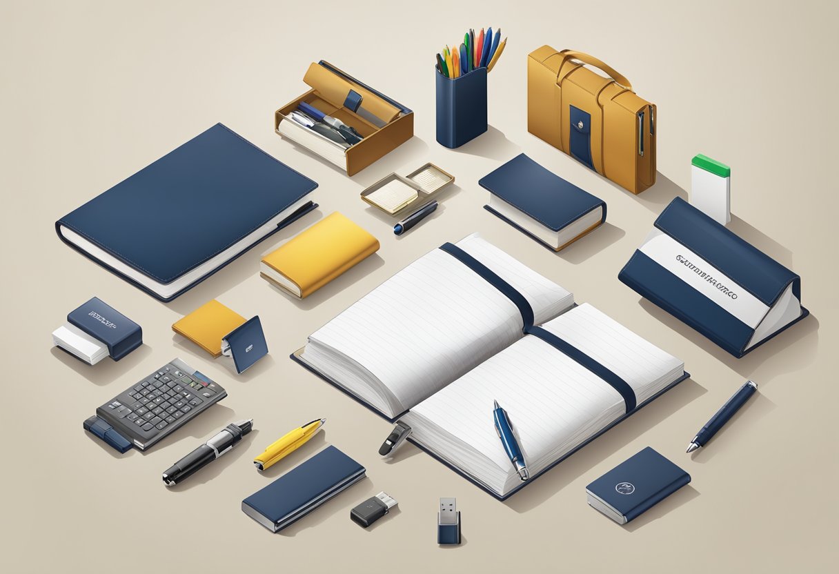 A table with a variety of small quantity corporate gifts, such as branded pens, notebooks, and custom-made USB drives, displayed in an organized and professional manner