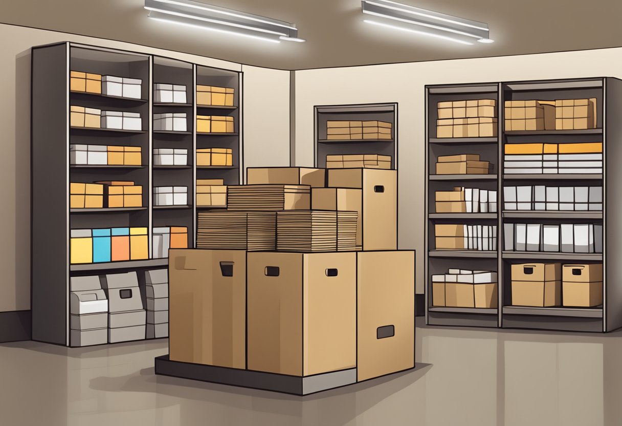 A stack of paper bags with various sizes and designs displayed on shelves, accompanied by a sign listing the different product and service offerings of the company