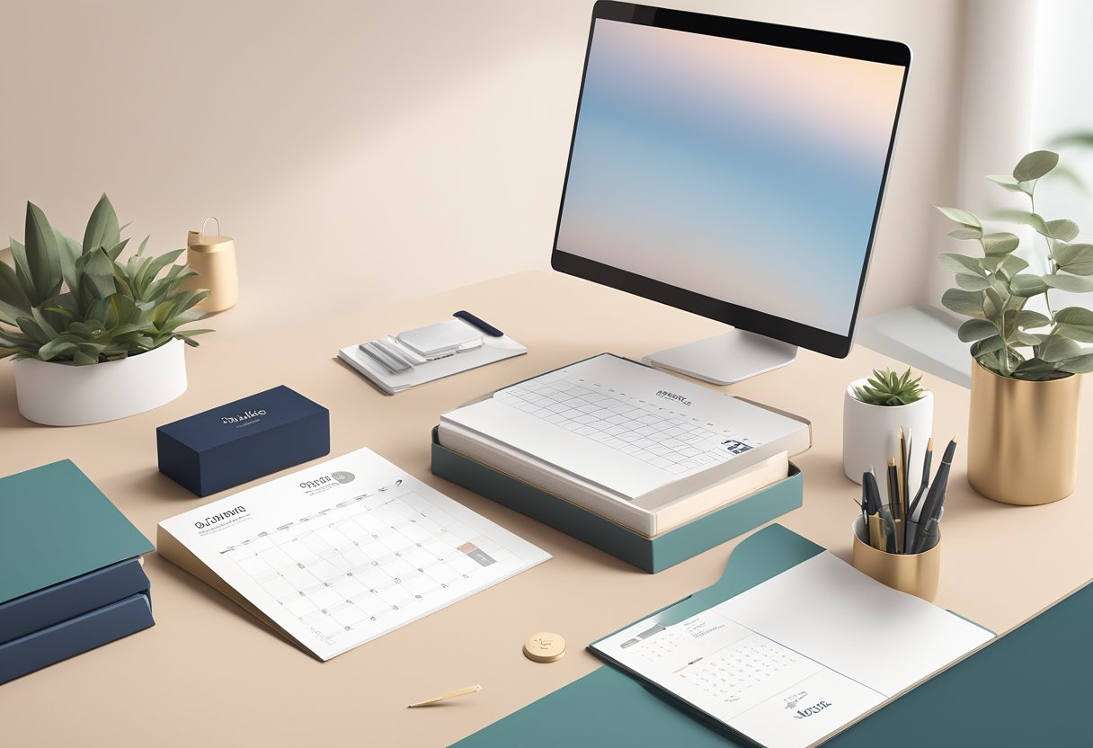 A branded pen and desk calendar sit on a sleek office desk, surrounded by elegant packaging and a personalized note