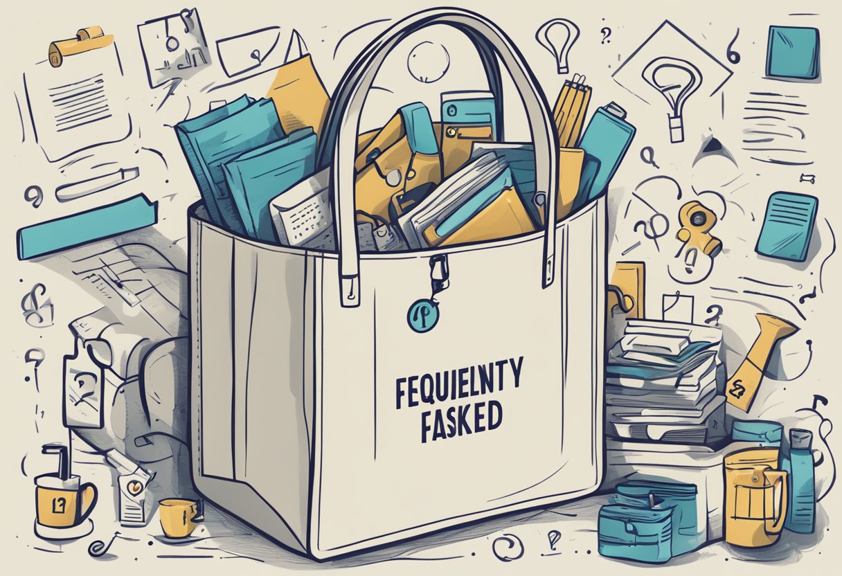 A canvas tote bag with "Frequently Asked Questions" printed on it, surrounded by various question marks and symbols