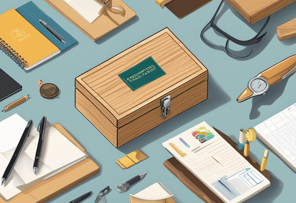 A wooden gift box with "Frequently Asked Questions" engraved on the lid, surrounded by various corporate items like a pen, notebook, and logo