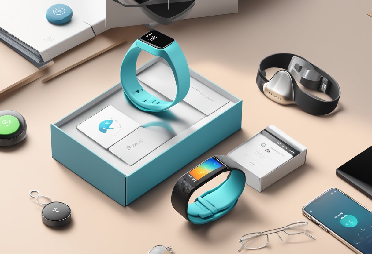 A sleek fitness tracker displayed on a branded gift box, surrounded by motivational fitness accessories and a modern office setting