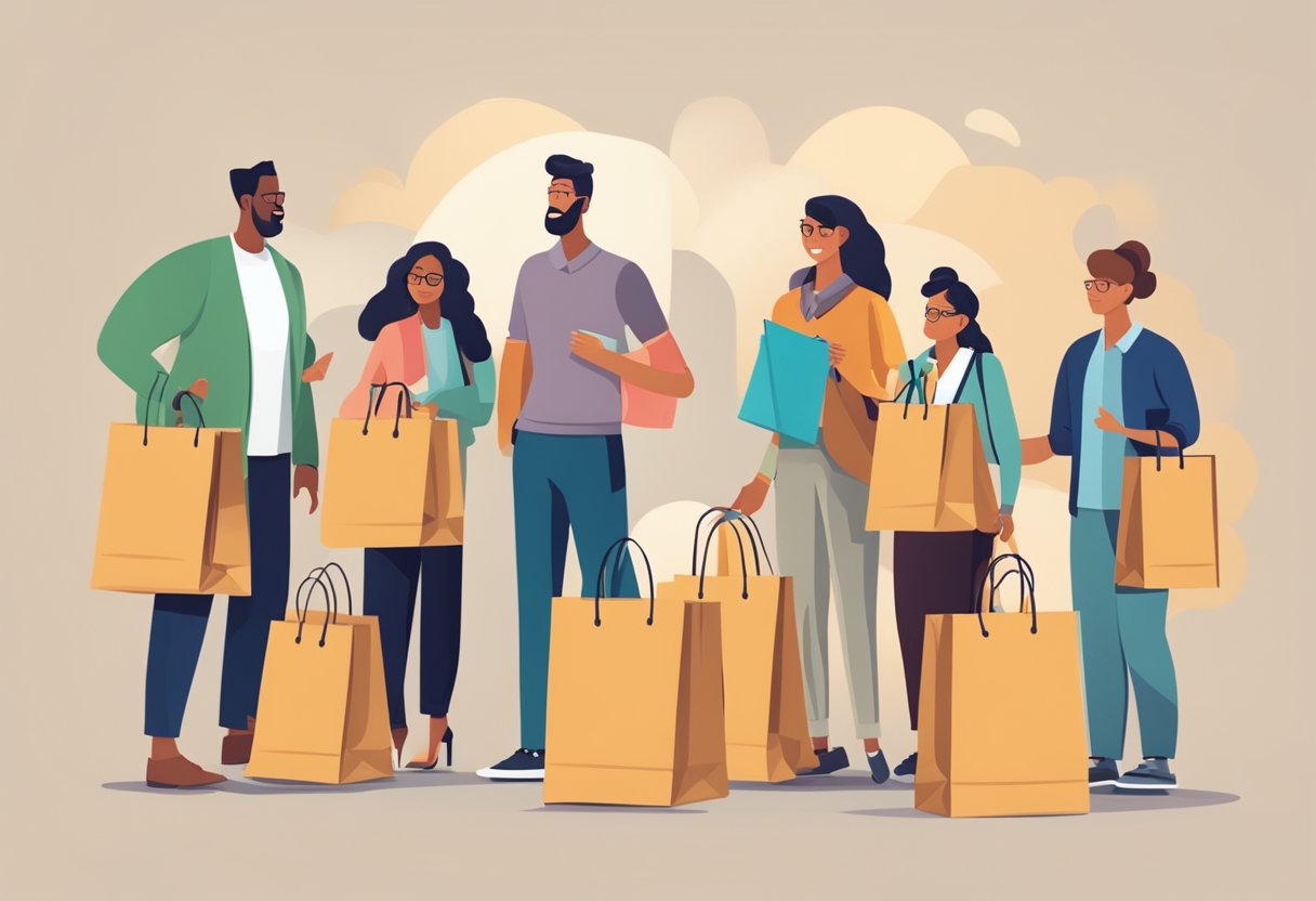 A stack of paper bags with "Frequently Asked Questions" printed on them, surrounded by curious customers and a helpful customer service representative