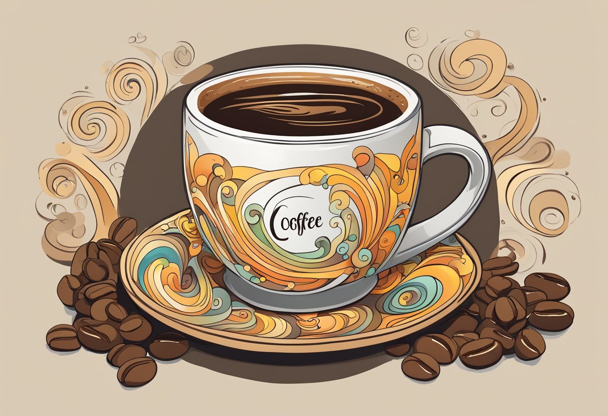 A hand-painted coffee mug with colorful swirls and personalized text, surrounded by coffee beans and a steaming cup of coffee