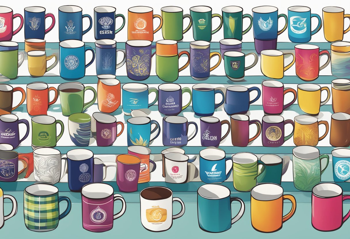 A table covered in corporate gift mugs, each with a different logo or design, arranged neatly in rows