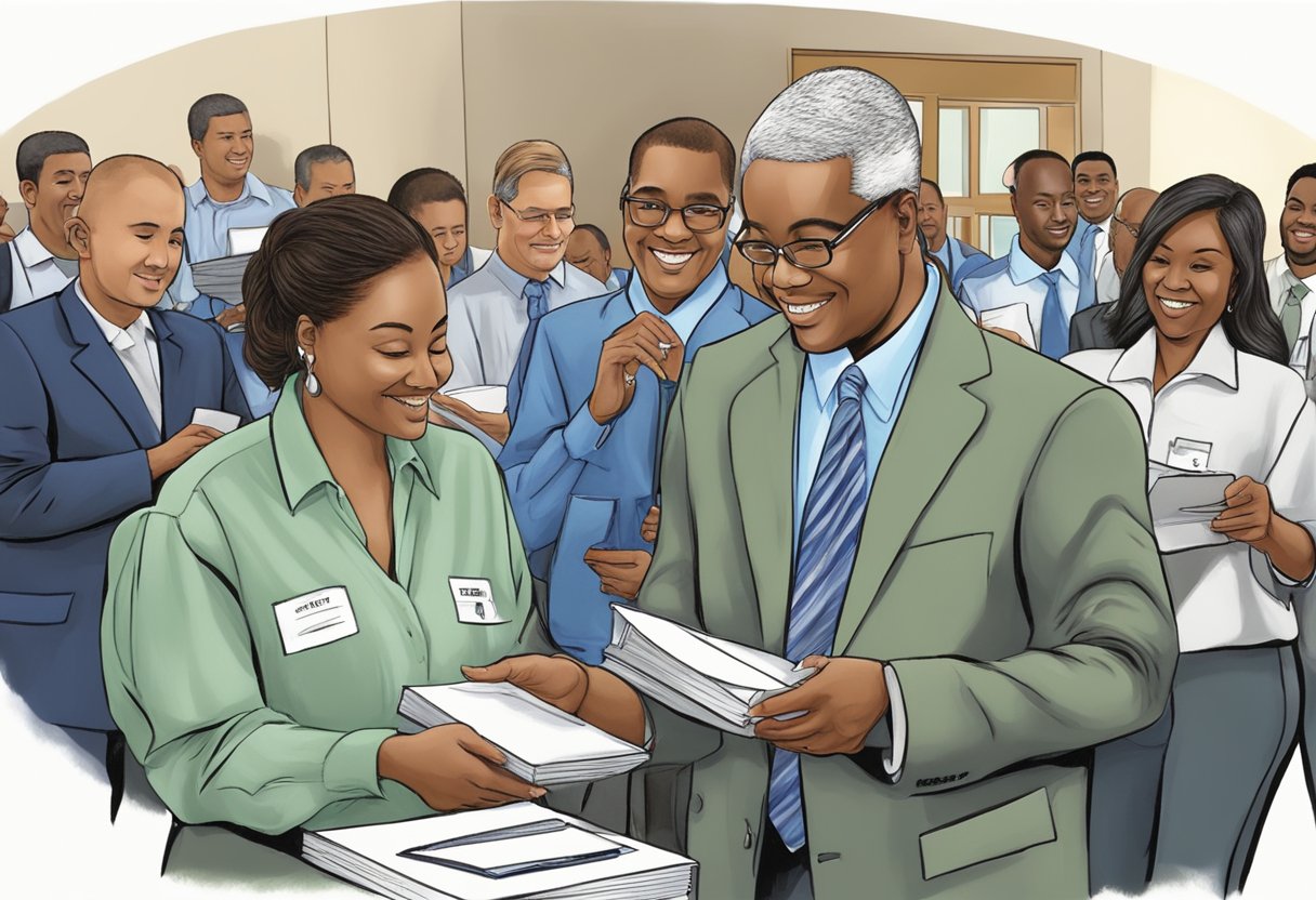 Ex-offenders receiving corporate gifts at a job training program