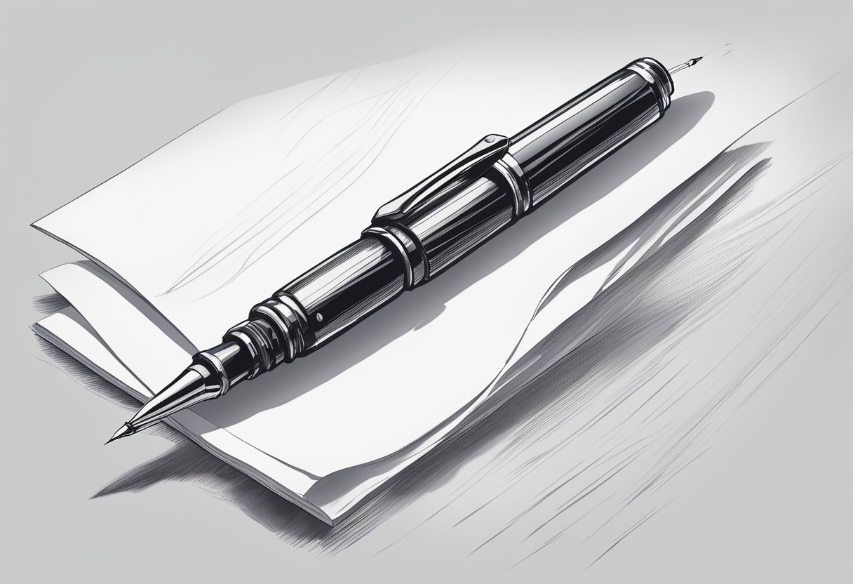 A pen is moving across a piece of paper, leaving a trail of ink in its wake. The tip of the pen is pressing down firmly, creating bold and defined lines