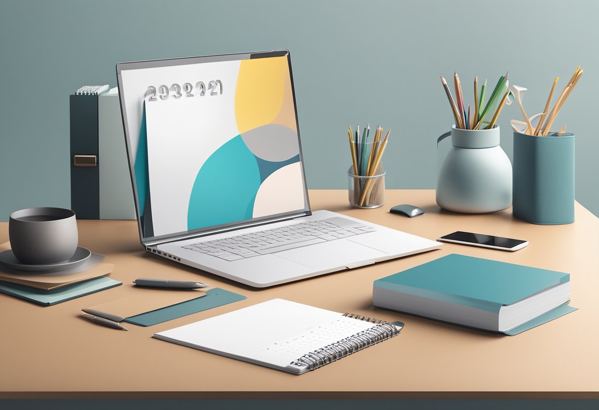 A sleek corporate gift box sits beside a branded calendar on a modern desk, surrounded by elegant stationery and a laptop