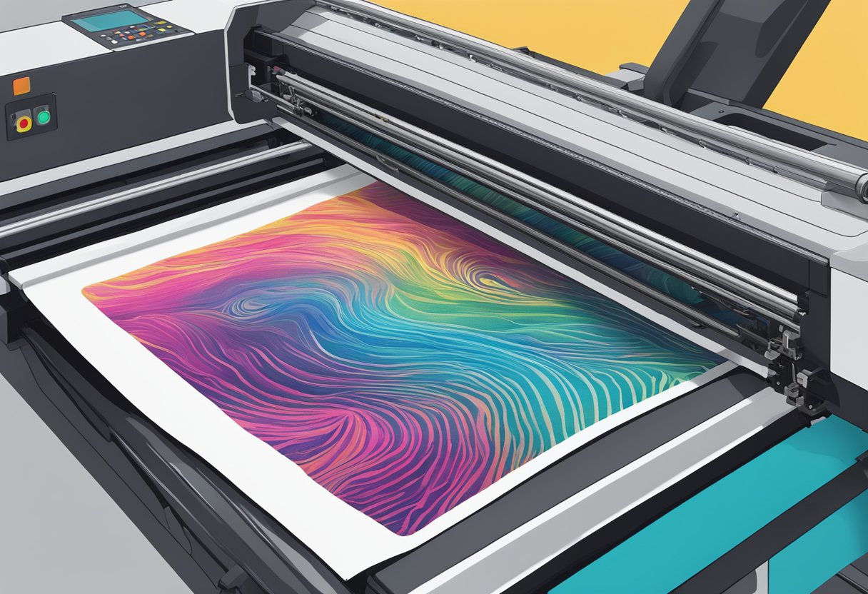 A totebag being printed with a colorful design on a screen printing machine. Ink is being pressed onto the fabric, creating a vibrant pattern