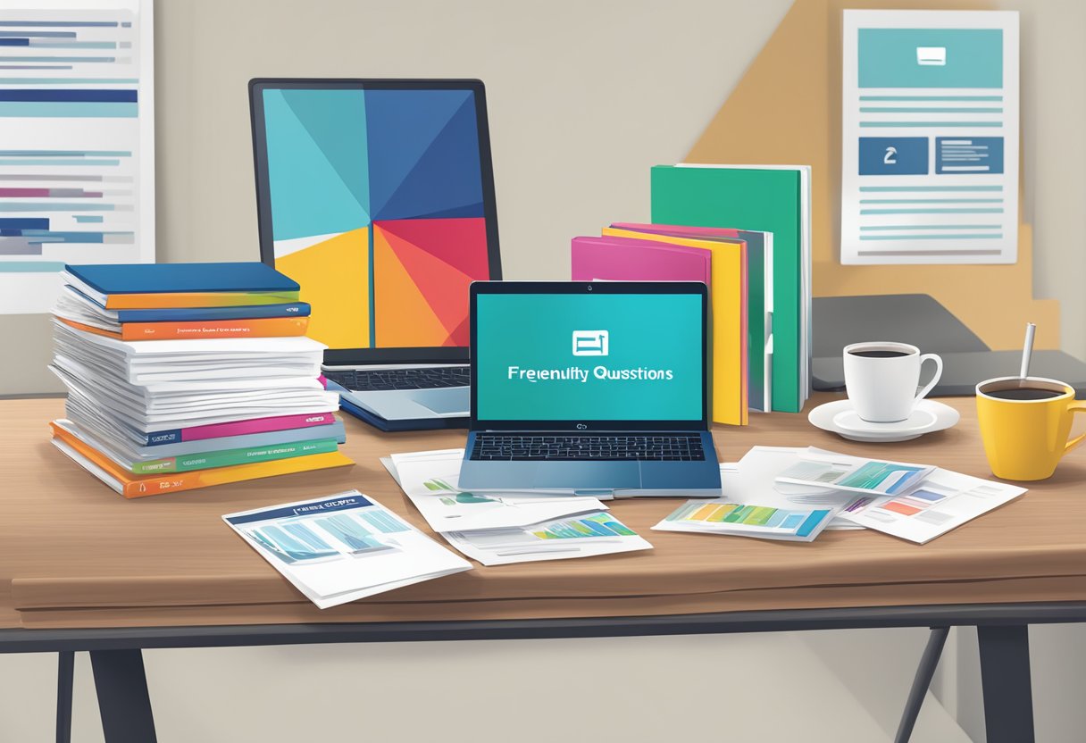 A table with branded merchandise, a stack of brochures, and a laptop displaying "Frequently Asked Questions small quantity corporate gifts."