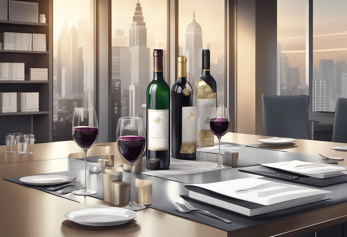 A table adorned with branded wine bottles, elegant gift boxes, and personalized wine glasses, set against a backdrop of a sleek office environment