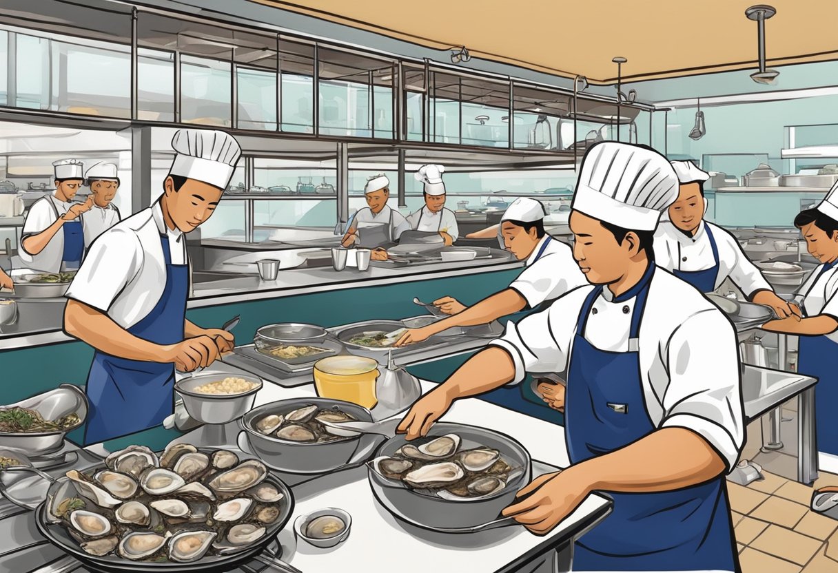 A bustling oyster restaurant in Singapore, with chefs shucking fresh oysters and creating beautiful culinary pairings. Tables are filled with satisfied diners enjoying the delicious seafood dishes