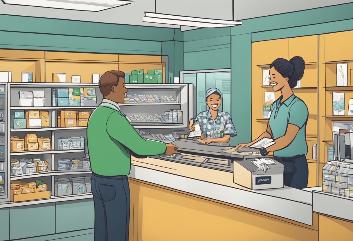 A corporate robinson gift card is being handed over a counter at a store. The cashier is smiling as they process the transaction