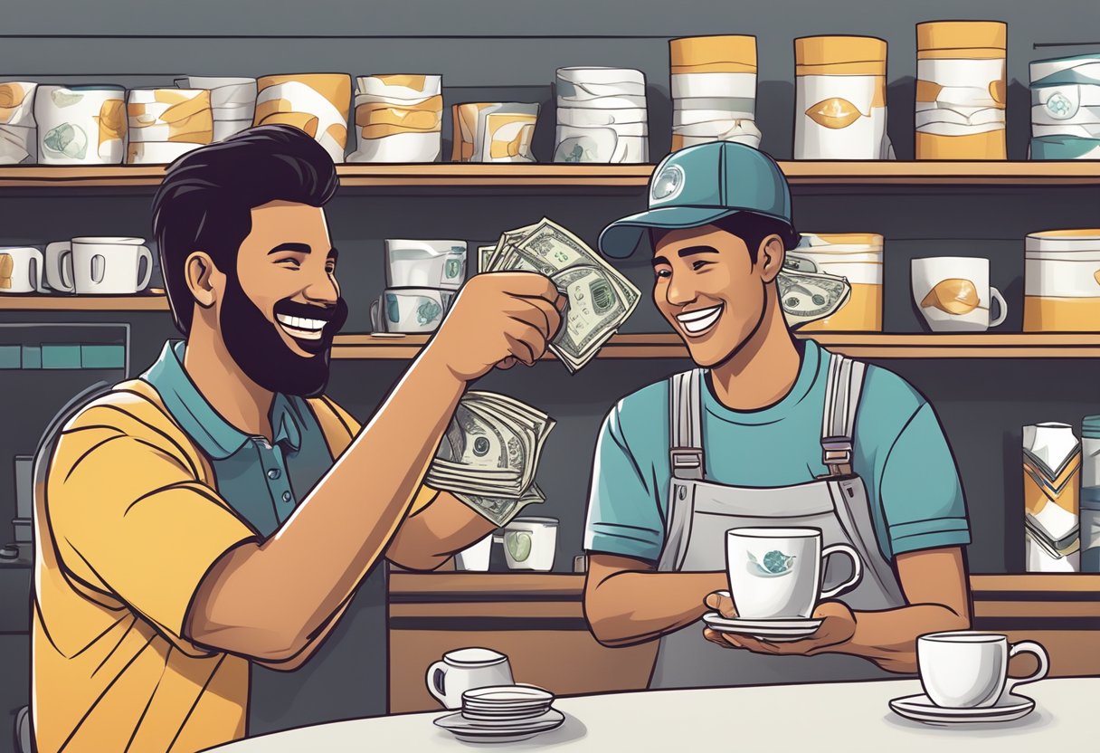 A customer hands over money for a customised coffee mug, while the seller holds out the finished product with a smile