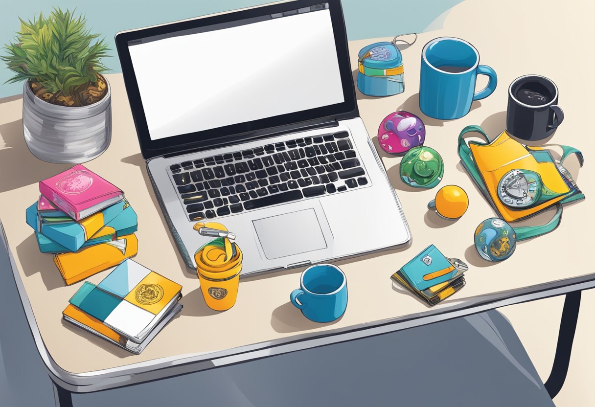 A table adorned with various novelty corporate gifts, including branded mugs, stress balls, and quirky desk accessories