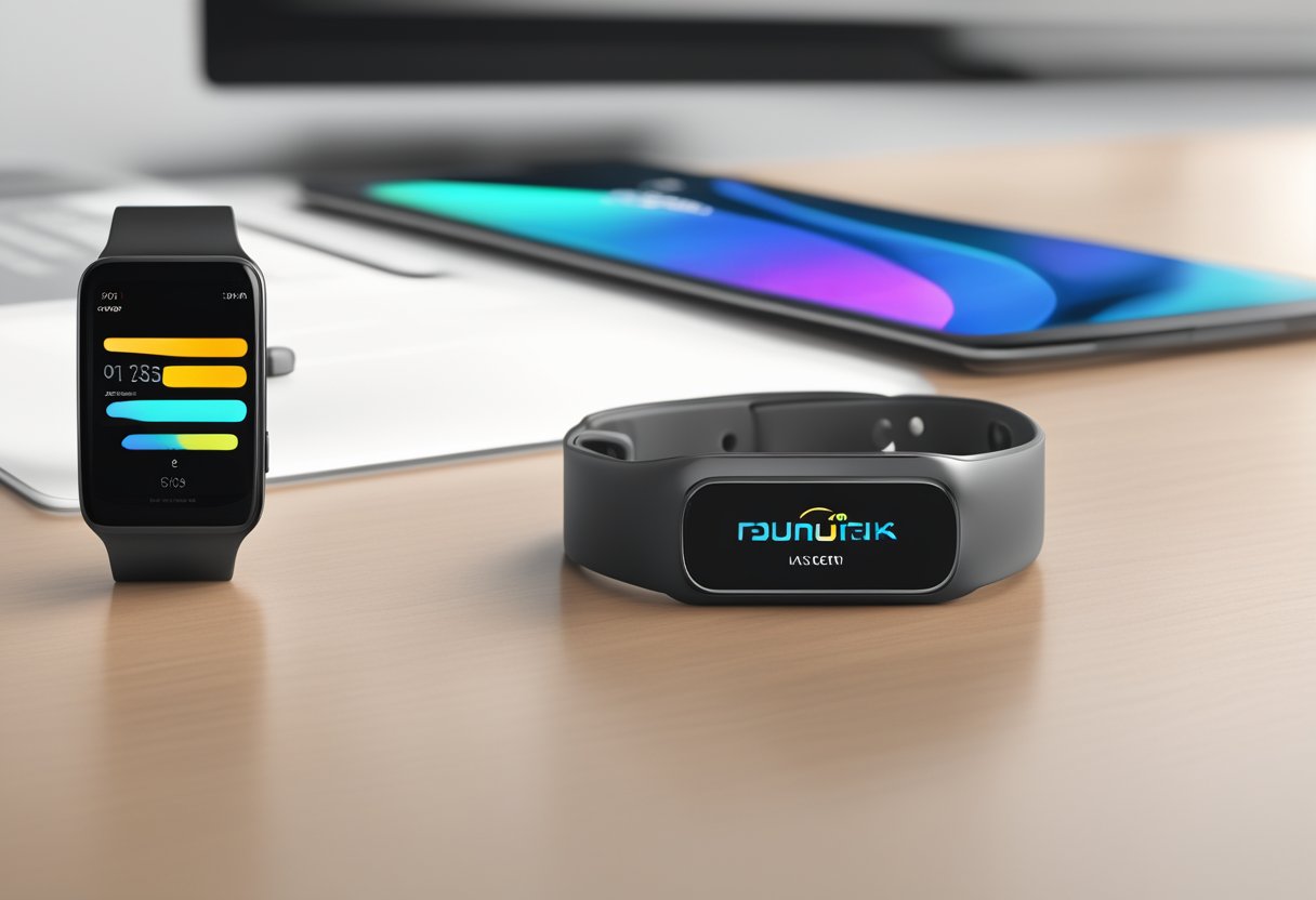 A sleek, modern fitness tracker displayed on a clean, minimalist desk with a branded company logo in the background