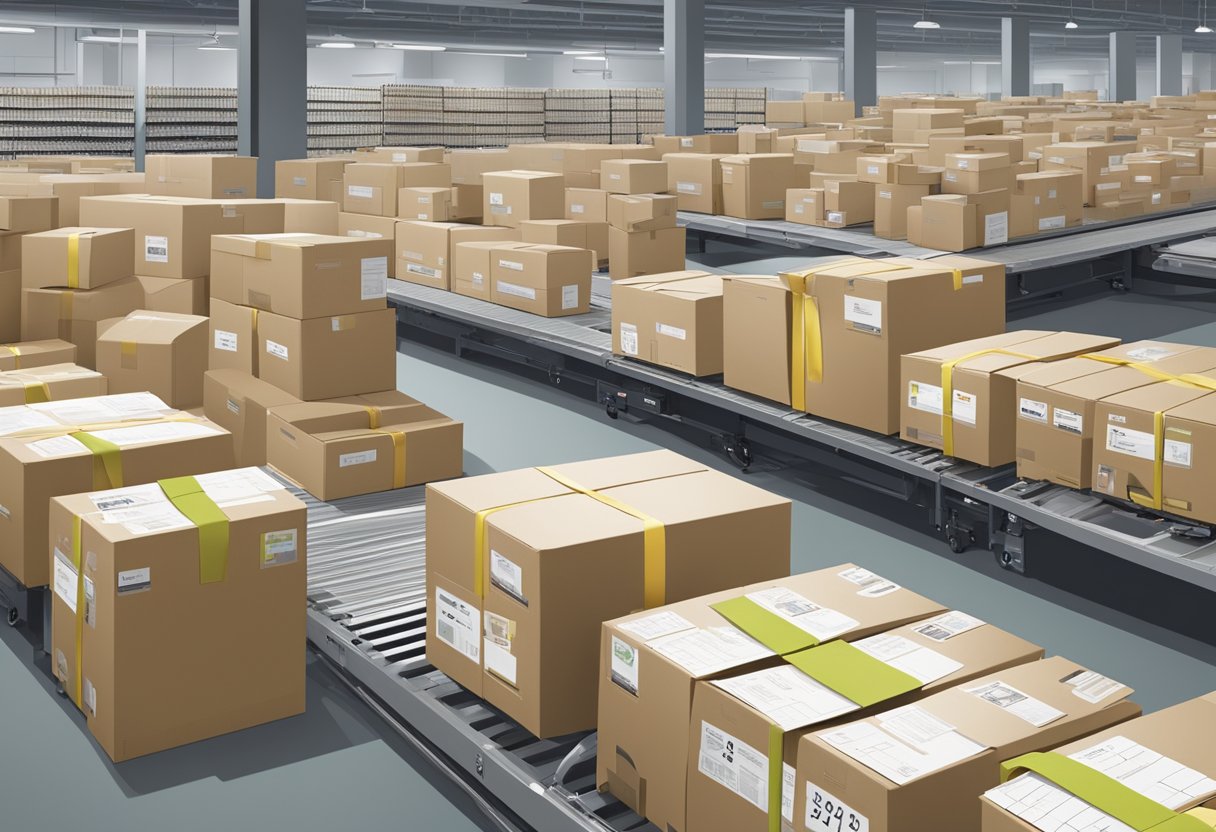 A conveyor belt carries custom corporate gifts and calendars through a busy production and distribution facility. Boxes are labeled and stacked for shipping