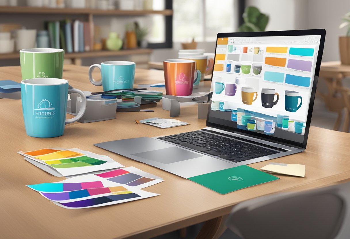 A table with various mug designs, logo samples, and color swatches spread out. A computer displaying custom mug mock-ups