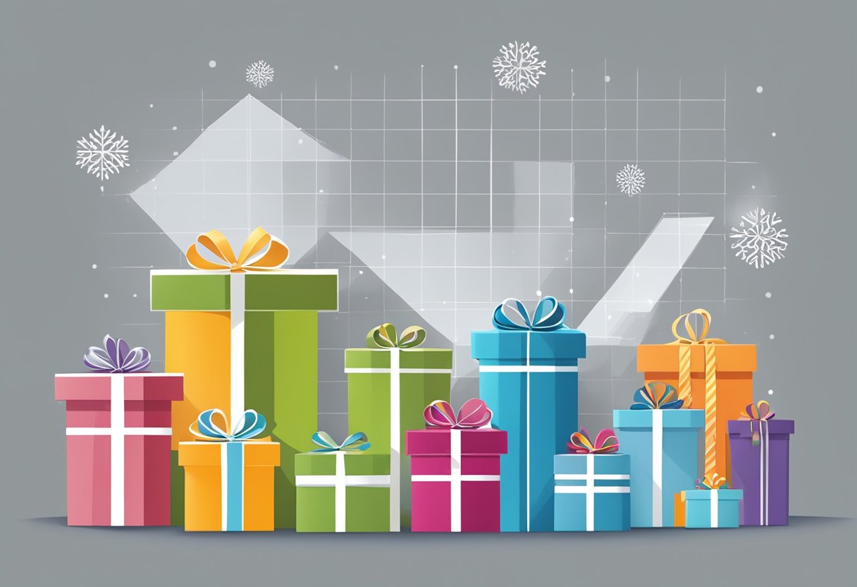 A graph showing an upward trend in corporate gift giving, with various types of gifts displayed and labeled