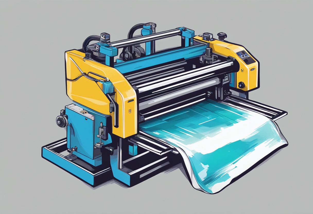 A screen printing machine presses ink onto a blank tote bag, creating a colorful design