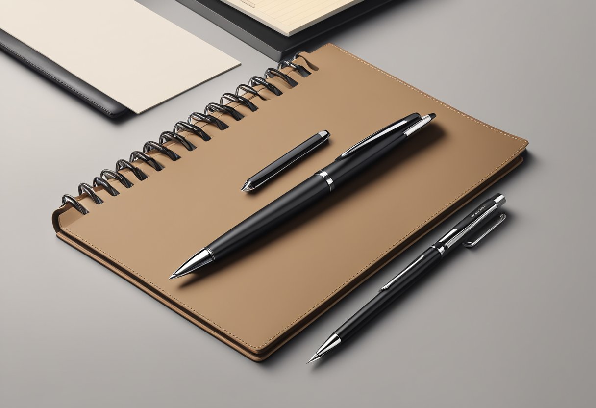 A sleek, modern pen set and a stylish leather notebook on a polished desk, with a corporate logo embossed on both items