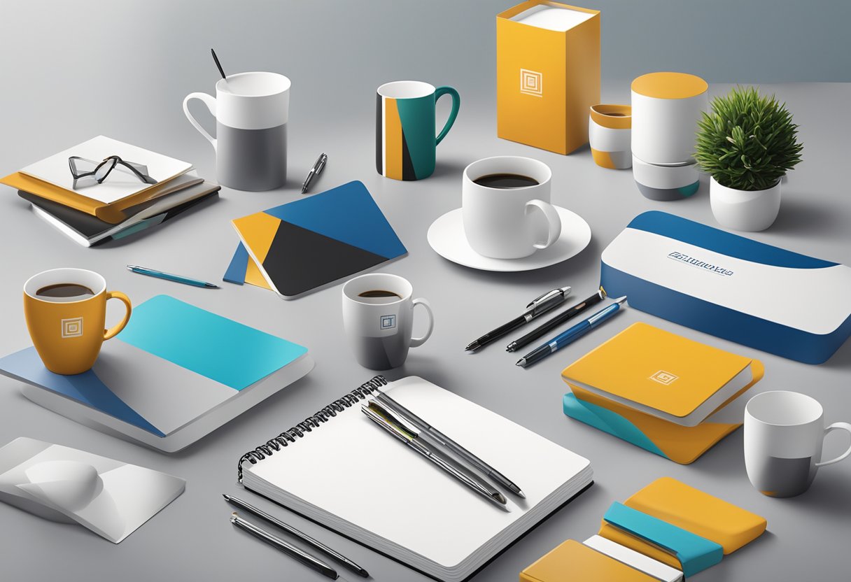 A table displays various corporate gift sets, including branded mugs, notebooks, and pens. A backdrop of sleek, modern office decor sets the scene