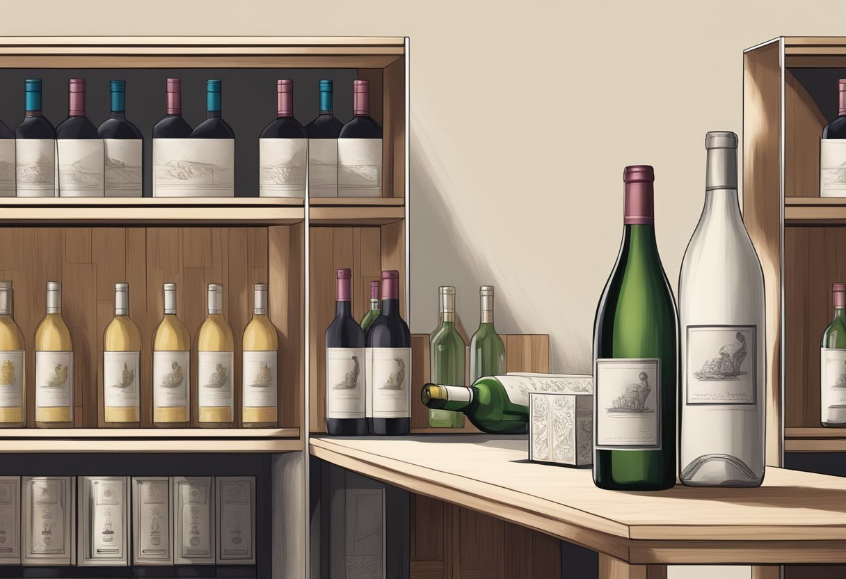 A hand reaches for a bottle of wine from a shelf, surrounded by elegant packaging and corporate branding materials