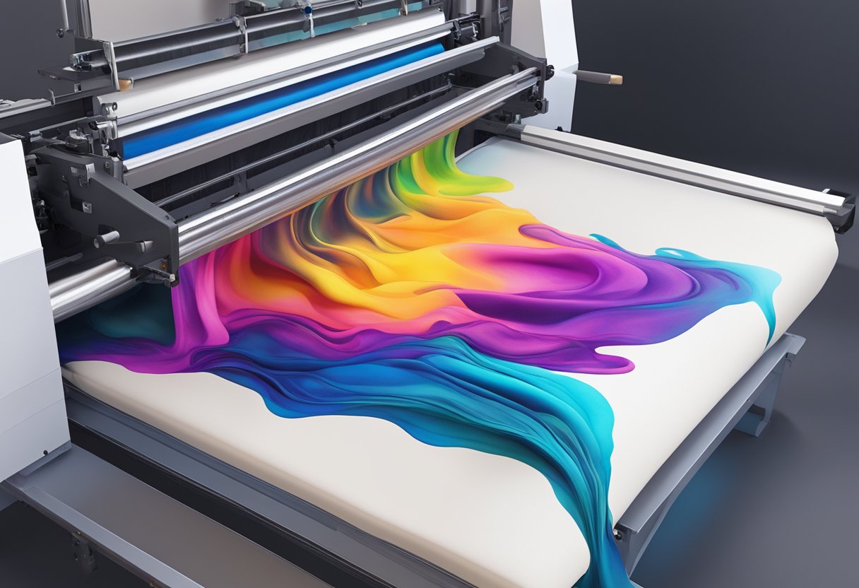 Ink flowing onto fabric, tote bags on a printing press, vibrant colors mixing and emerging on the surface