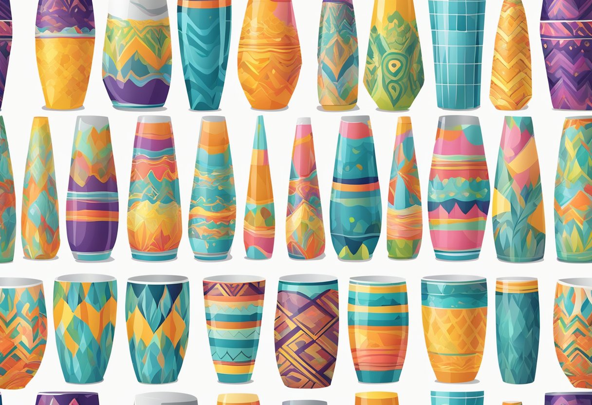Colorful tumblers arranged in a circle, each adorned with vibrant pictures and patterns. Light reflects off the smooth surfaces, creating a dazzling display