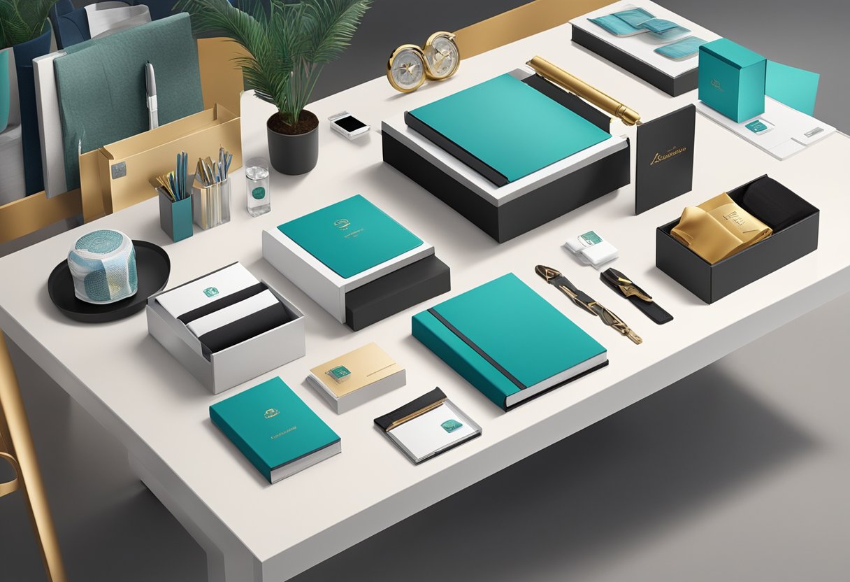A table adorned with unique corporate gifts, including branded items and luxury products, displayed in an organized and appealing manner