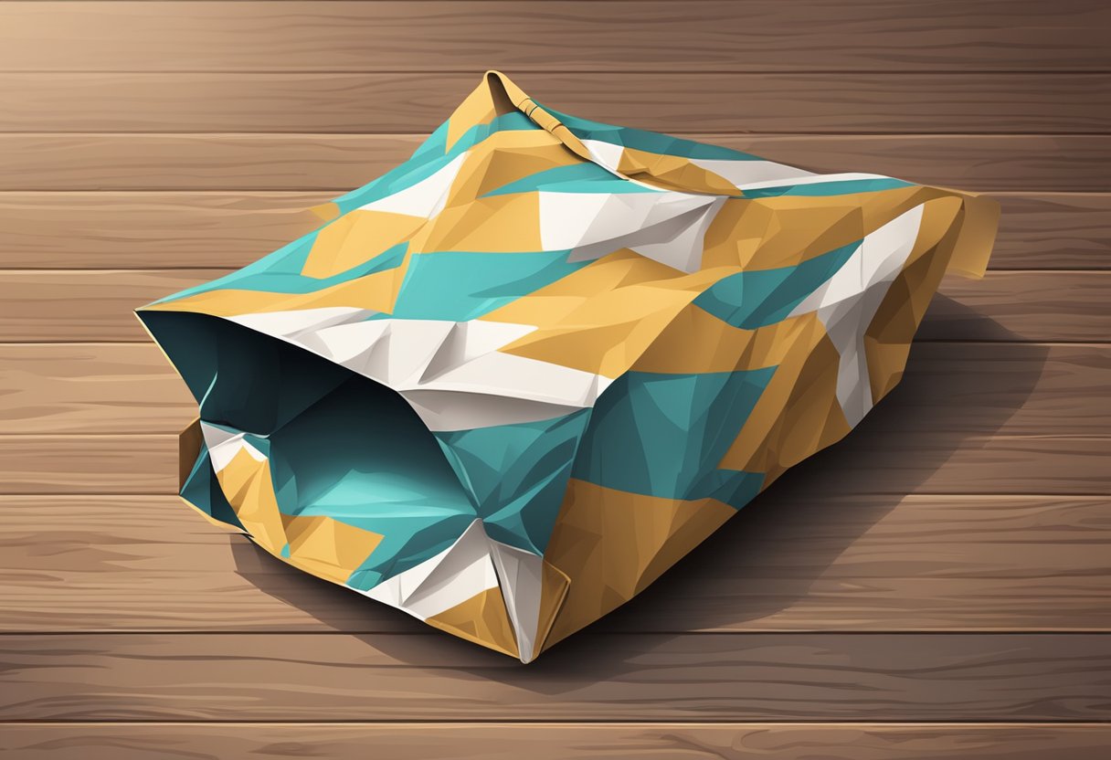 A paper bag with a unique print lies on a wooden table. The bag is crumpled and slightly open, revealing its interior