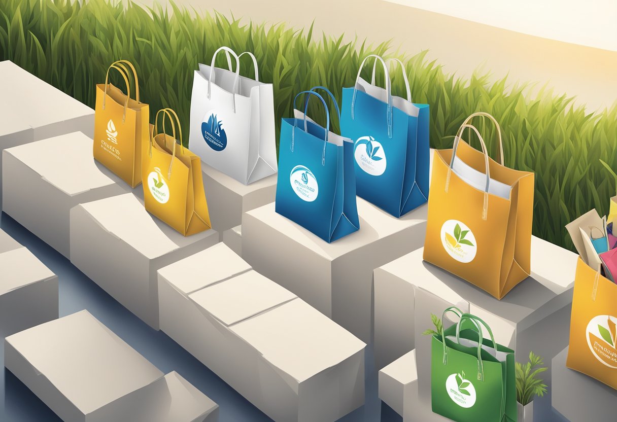 A group of eco bags with company logos being handed out at a corporate event. The bags are being used and appreciated by recipients