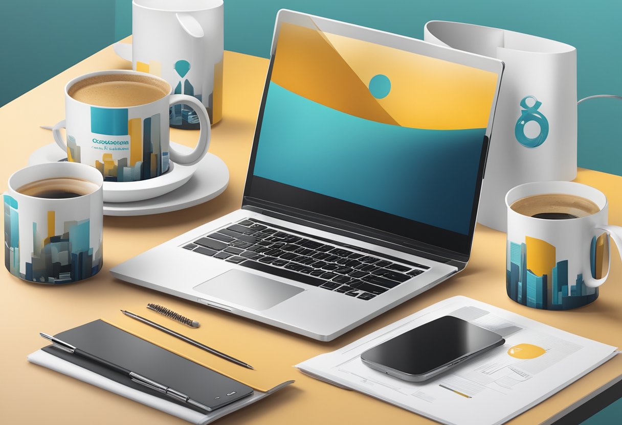 A table adorned with branded corporate gift mugs, surrounded by marketing materials and a laptop