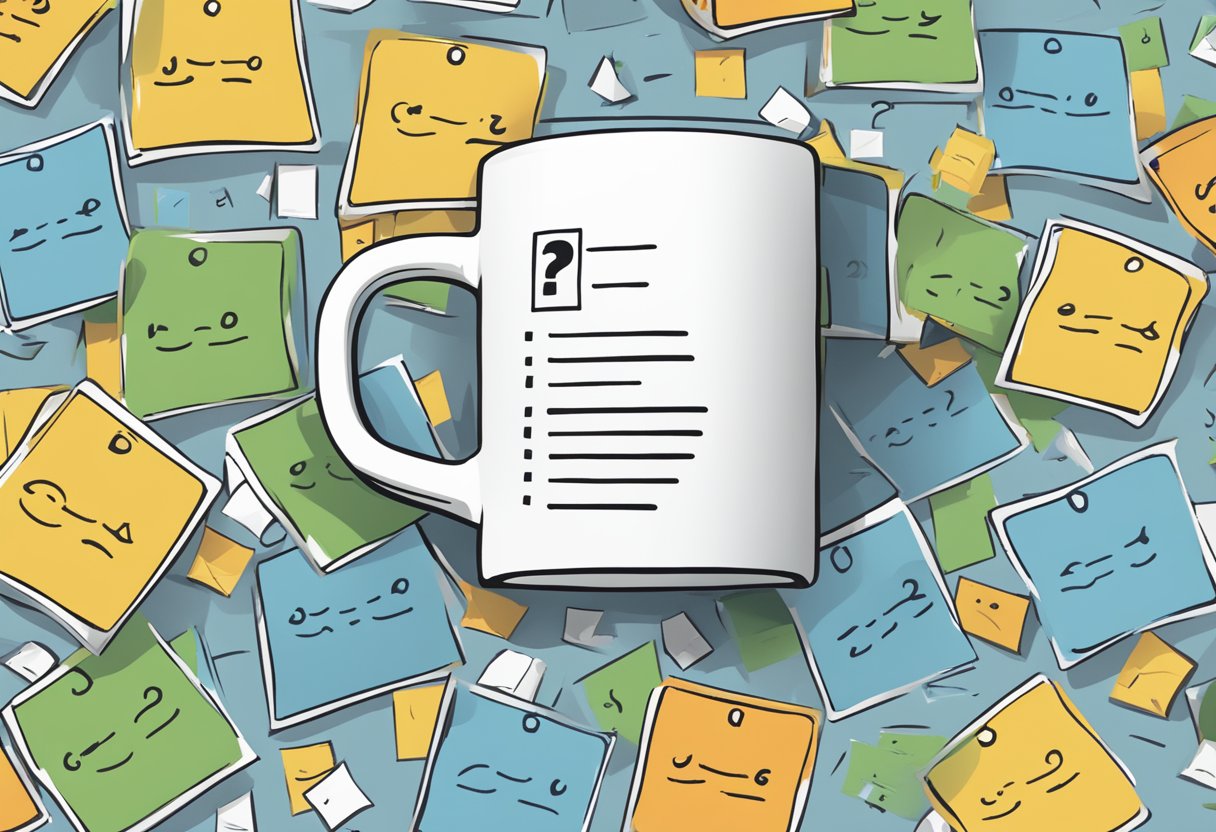 A customised coffee mug surrounded by question marks and a list of frequently asked questions
