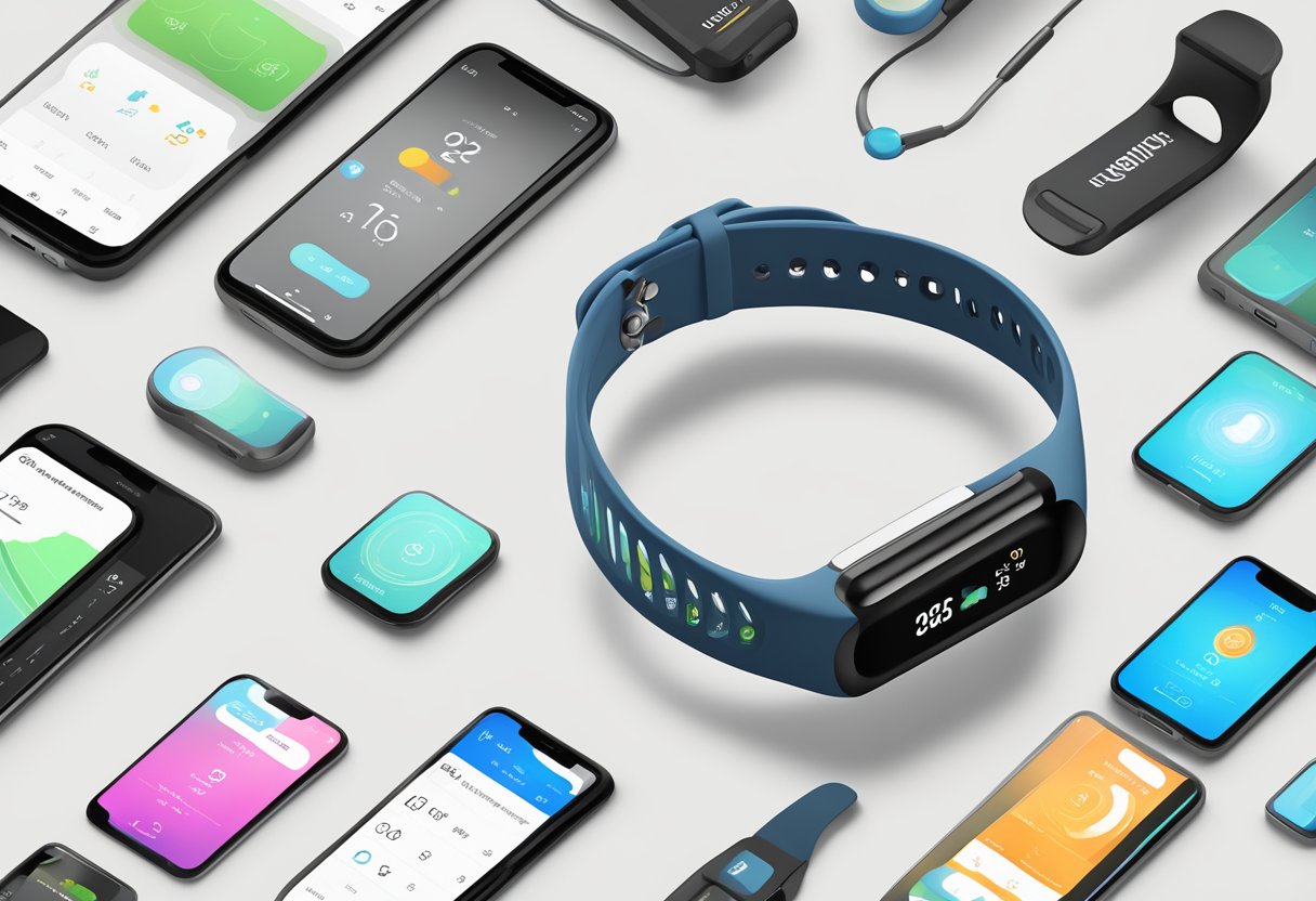 A fitness tracker with company logo displayed on the screen, surrounded by various customization options and branding opportunities
