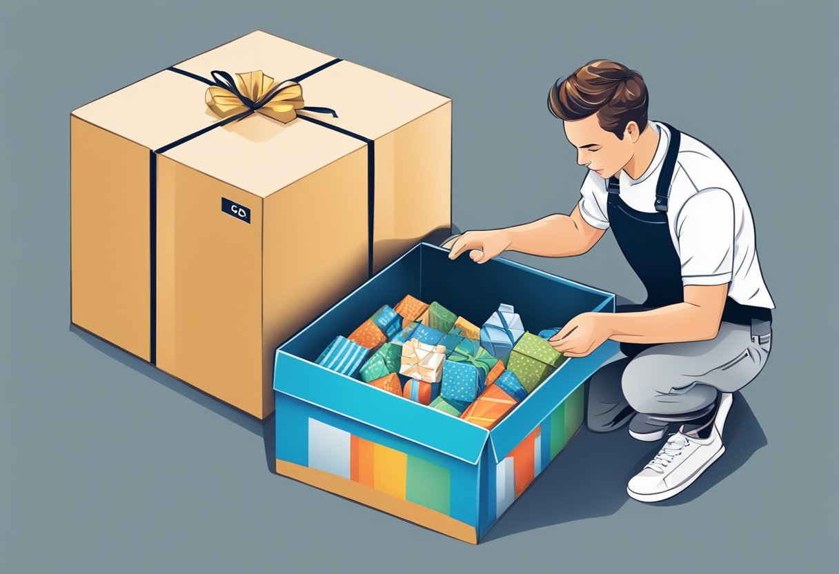 A person opens a box of branded gifts, including a useful item. Company logos are visible on the products
