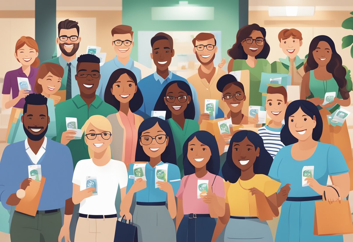 A group of diverse individuals happily using Robinson gift cards at various corporate establishments