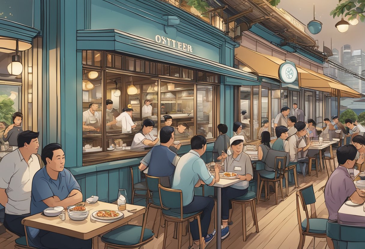 A bustling oyster restaurant in Singapore, with diners enjoying fresh seafood and a friendly staff answering frequently asked questions