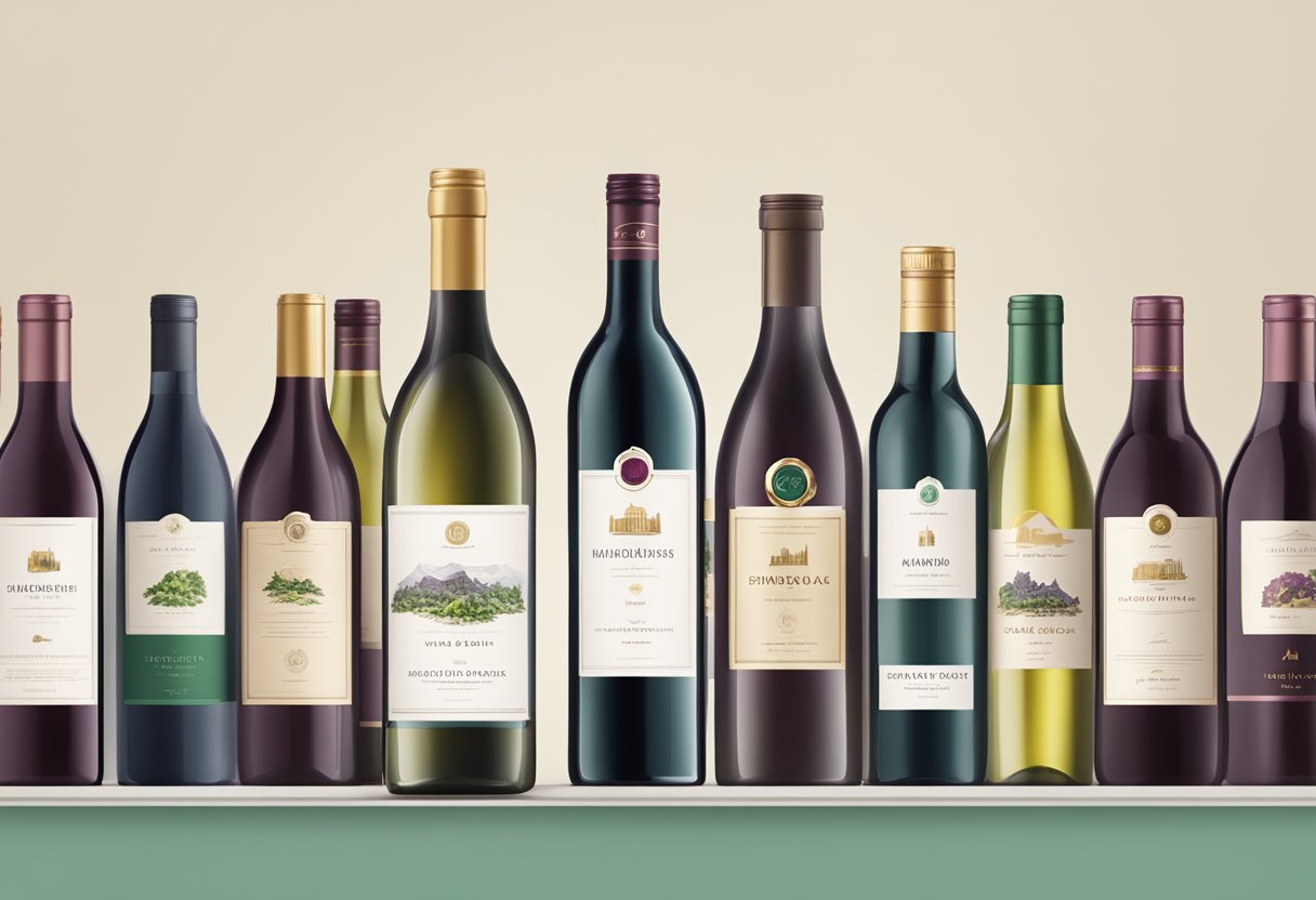 A table with rows of neatly arranged wine bottles, surrounded by packaging materials and corporate branding