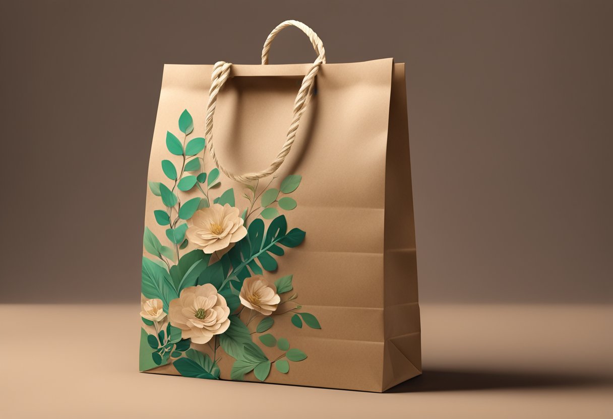 A paper bag made of brown kraft paper, with twisted paper handles, and a printed design of flowers and leaves in green and brown