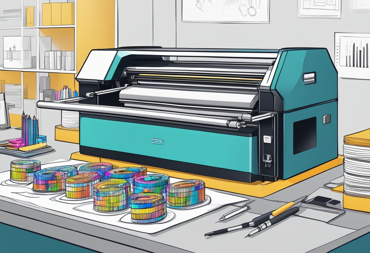 A pen printing machine in action, creating custom designs for business and promotion. Ink cartridges and paper rolls nearby
