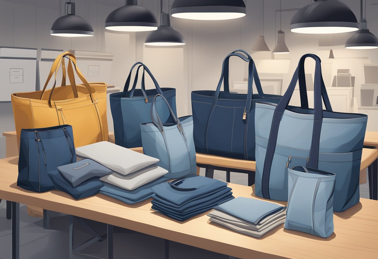 A variety of tote bags made from canvas, denim, and nylon lay on a table next to a printing machine. The bags showcase different styles and sizes for potential customization